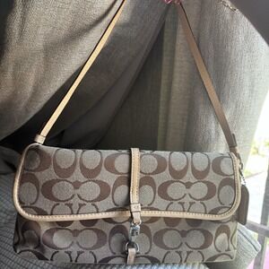 Vintage Coach Signature Canvas Flap Bag Shoulder Demi Pouch Khaki Tan Y2K 6371